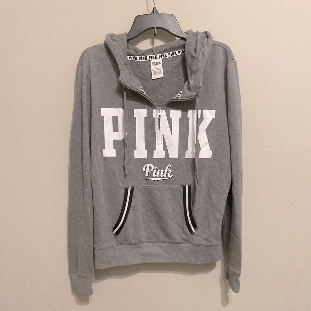PINK Quarter Zip Gray Hooded Sweatshirt